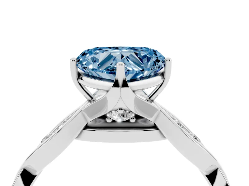 Fancy Blue Heart Cut Diamond Twist Band Solitaire Ring Set in Platinum with Leaf Prong Setting and Accent Stones