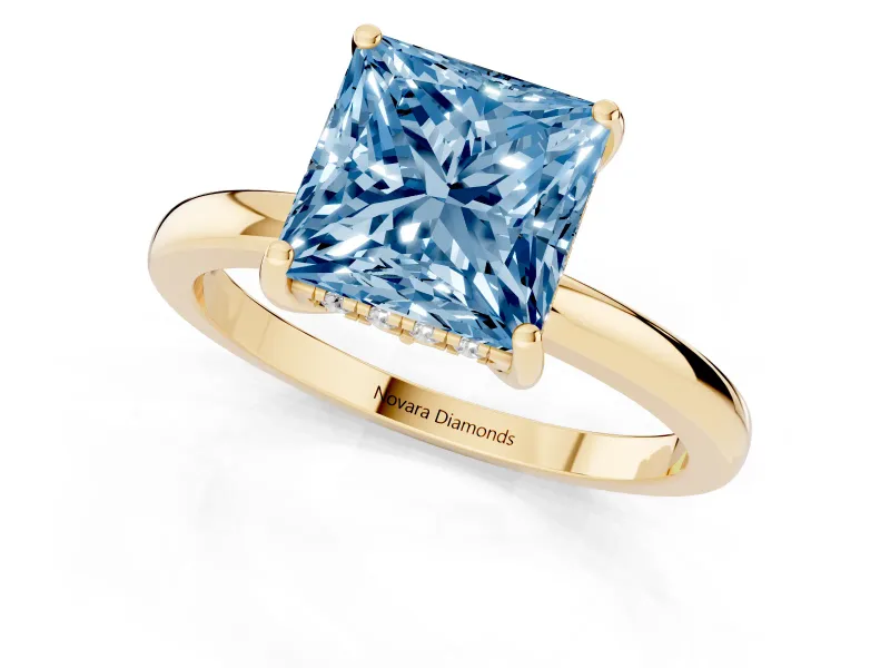Princess Cut Engagement Ring Setting for a Fancy Blue Lab-Grown Diamond | Hidden Halo | Yellow Gold