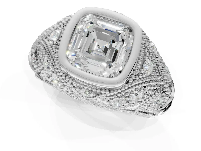 Asscher Cut Vintage Bezel Engagement Ring Setting | Beaded Paisley Shoulders | White Gold