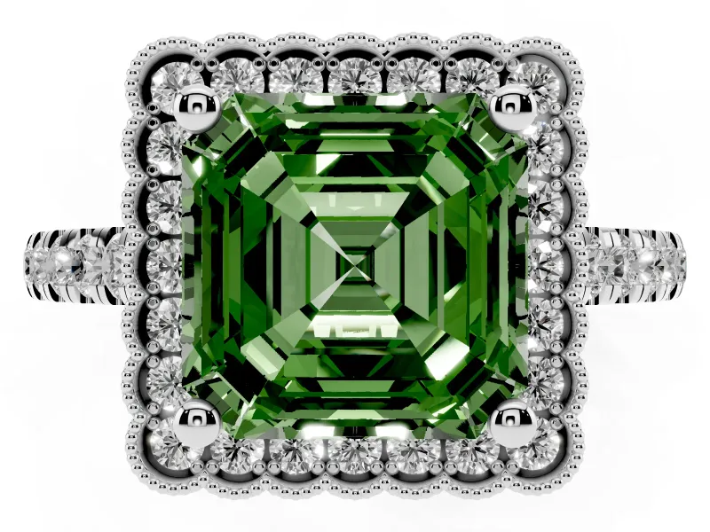 Asscher Cut Milgrain Floral Halo Engagement Ring Setting for a Fancy Green Lab-Grown Diamond | Pavé Band | White Gold