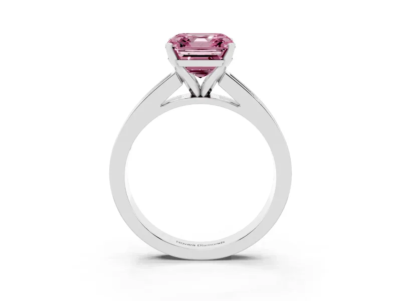 Fancy Pink Asscher Cut Diamond Solitaire Ring Set in Platinum with Channel-Set Band and Prong Setting