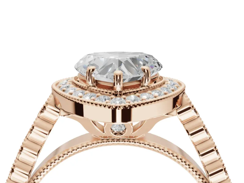 Heart-Shaped Lab-Grown Diamond Milgrain Halo Solitaire Ring Set in Rose Gold with Bezel Set Side Stones and Pavé Band