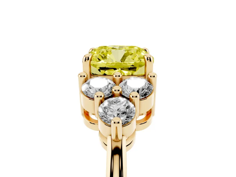Fancy Yellow Cushion Cut Diamond Solitaire Ring Set in Yellow gold with Cluster Accents on Each Side