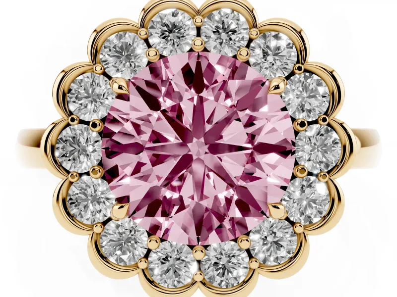 Round Scalloped Cluster Halo Engagement Ring Setting for a Fancy Pink Lab-Grown Diamond | Plain Band | Yellow Gold