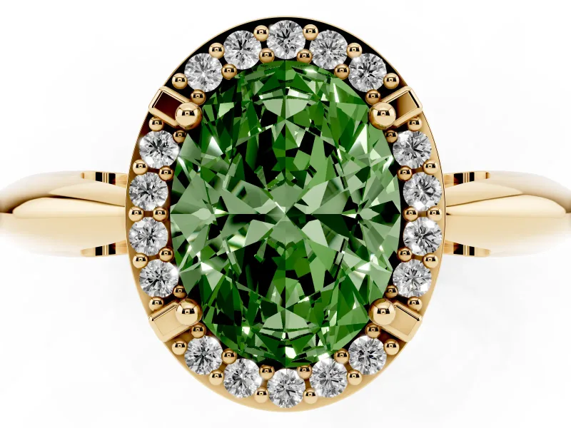Fancy Green Oval Cut Diamond Halo Engagement Ring Set in Yellow gold with Plain Split Shank and Prong Setting