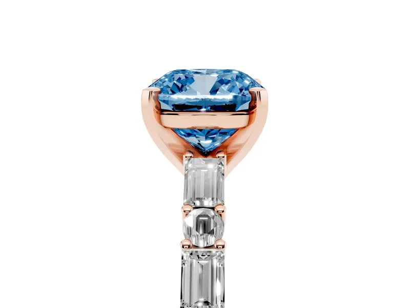 Cushion Cut Baguette Side Stone Engagement Ring Setting for a Fancy Blue Lab-Grown Diamond | Rose Gold