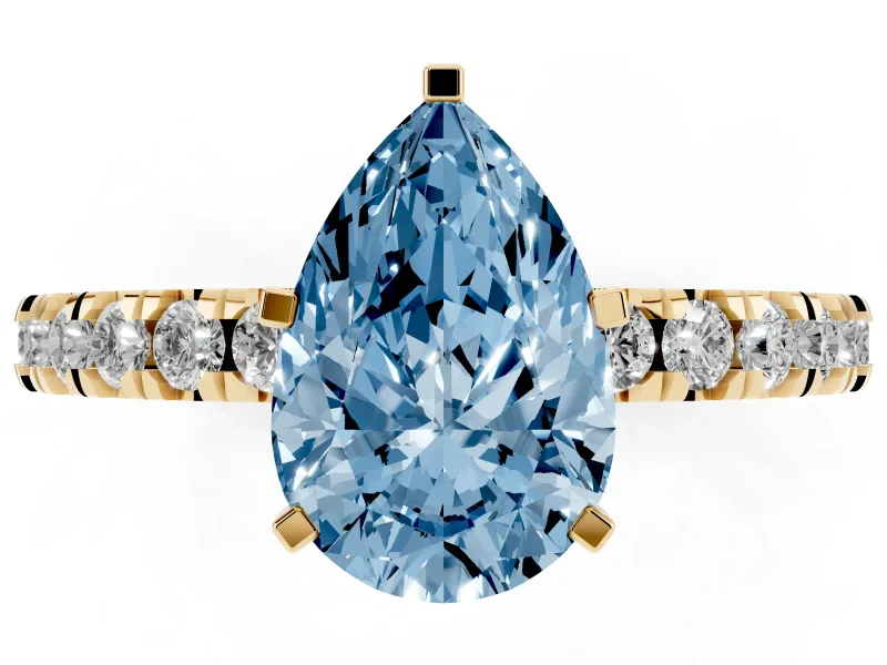 Fancy Blue Pear Cut Diamond Pavé Band Solitaire Set in Yellow gold with Prong Setting