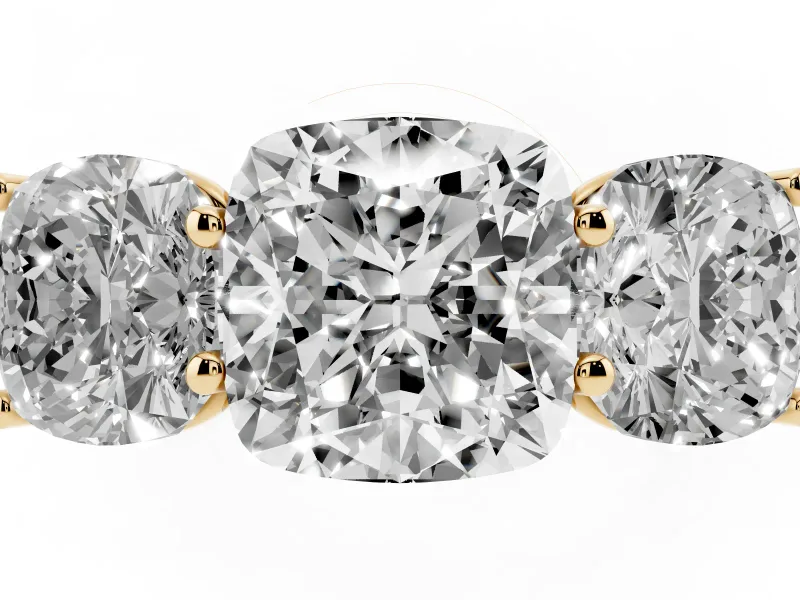 Cushion Cut Three Stone Engagement Ring Setting | Basket Prong Heads | Yellow Gold