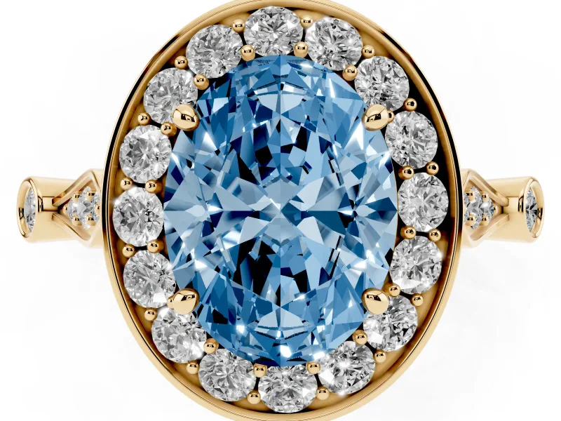 Oval Halo Engagement Ring Setting for a Fancy Blue Lab-Grown Diamond | Bezel Stations | Yellow Gold