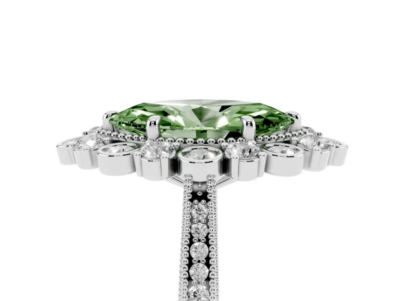 Fancy Green Marquise Cut Diamond Halo Milgrain Pavé Ring Set in Silver with Prong Setting