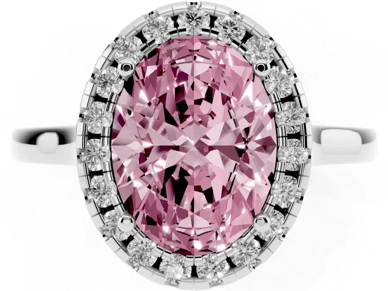 Fancy Pink Oval Cut Halo Round Diamond Solitaire Ring Set in White gold with Pavé Band and Prong Setting