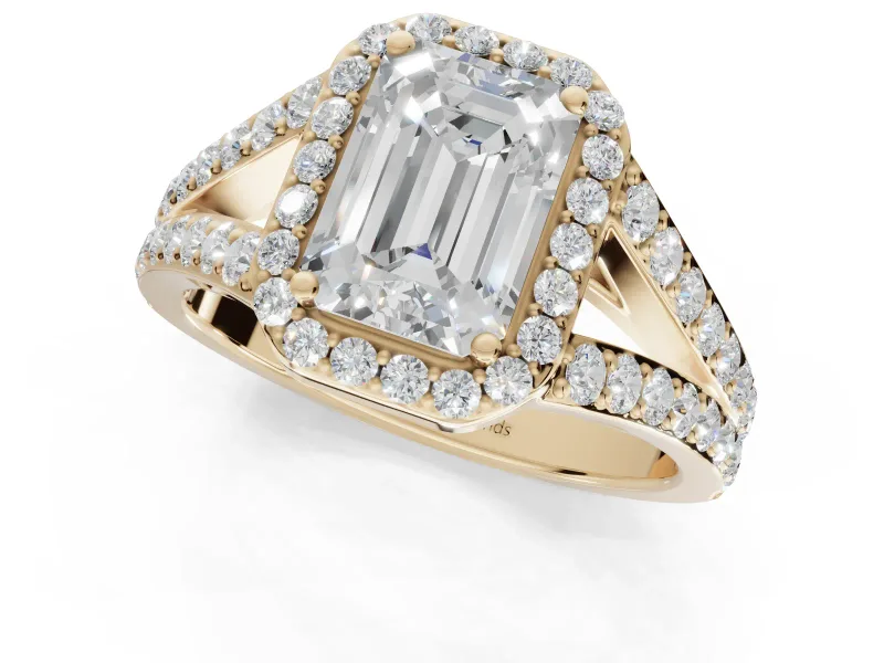 Emerald Cut Halo Pavé Engagement Ring Setting | Narrow Split Shank | Yellow Gold