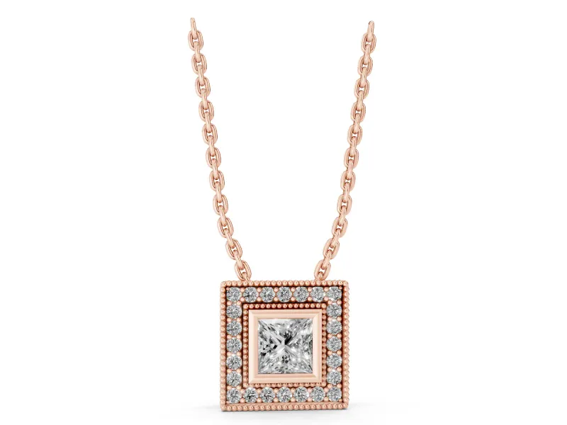 Princess Cut Lab-Grown Diamond Bezel Halo Pendant Necklace | Milgrain Edges | Rose Gold