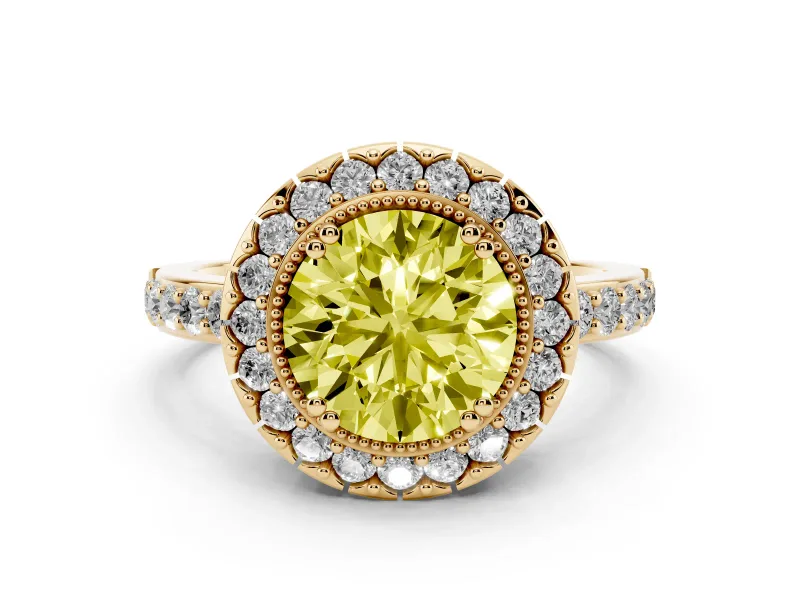 Fancy Yellow Round Cut Diamond Halo Ring Set in Yellow gold with Pavé Shank and Prong Setting