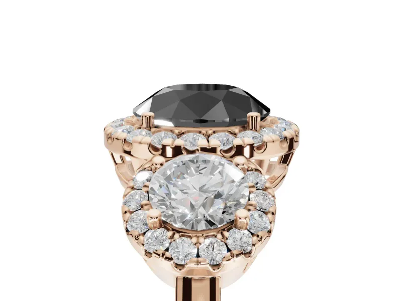 Round Three Stone Halo Engagement Ring Setting for a Black Center | Haloed Side Stones | Rose Gold