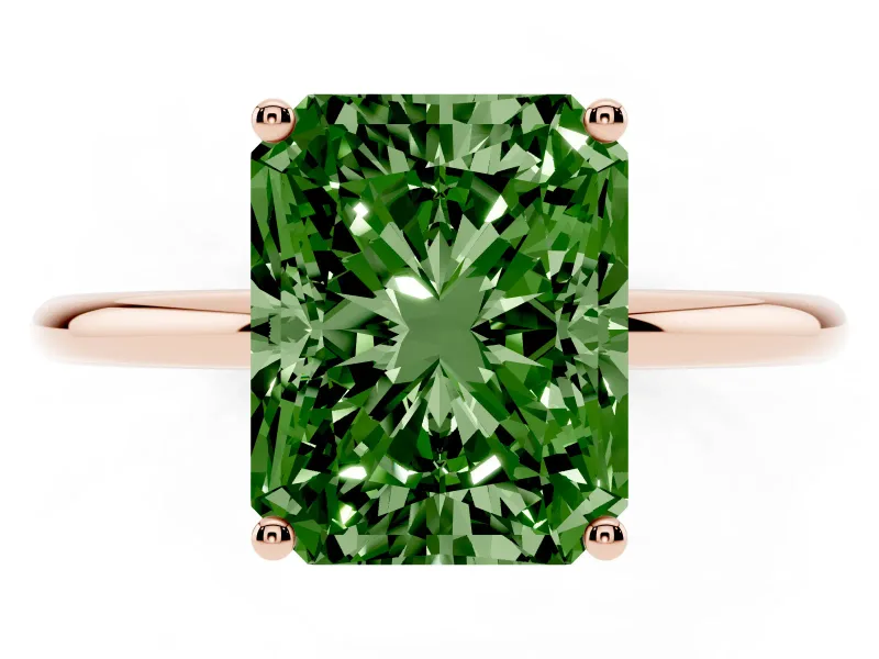 Fancy Green Radiant Cut Diamond Solitaire Engagement Ring Set in Rose gold with Thin Band and Prong Setting