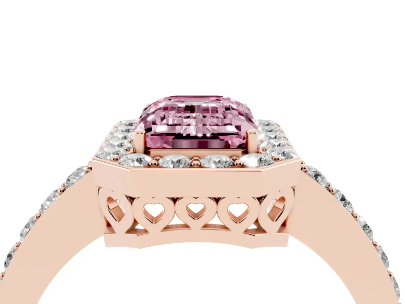 Fancy Pink Emerald Cut Diamond Halo Ring Set in Rose gold with Pavé-Setting Band and Open Prong Center