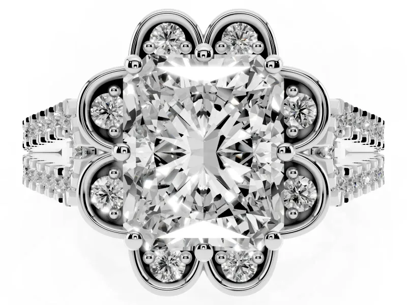 Radiant Cut Petal Frame Floral Halo Engagement Ring Setting | Pavé Split Shank | Platinum