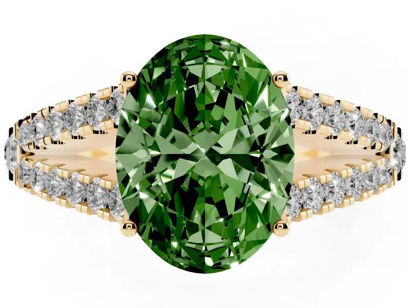 Oval Graduated Split Shank Engagement Ring Setting for a Fancy Green Lab-Grown Diamond | Yellow Gold