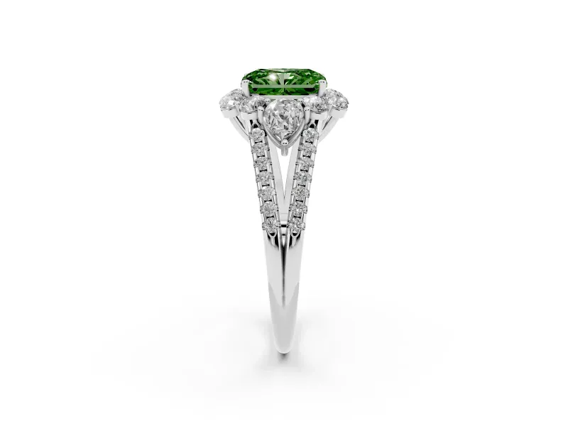 Fancy Green Radiant Cut Diamond Halo Split Shank Engagement Ring Set in Silver with Prong-Held Center Stone