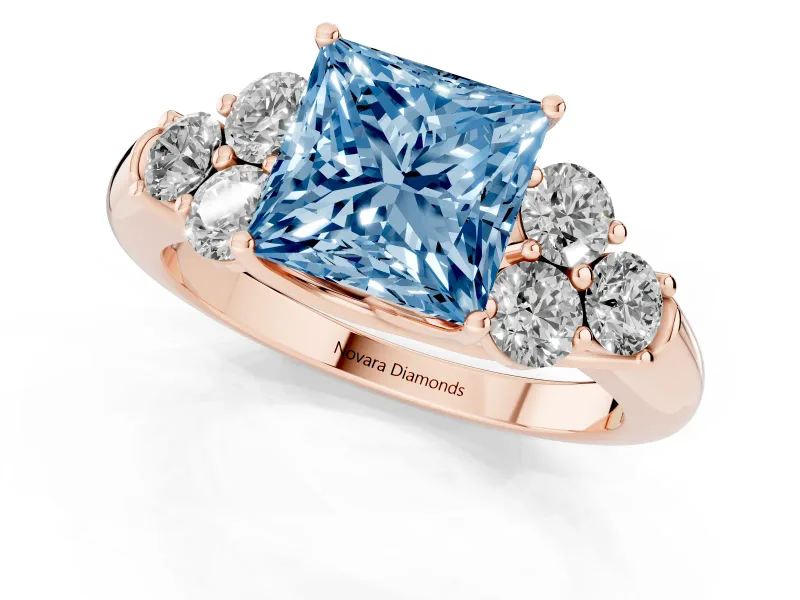 Princess Cut Side Stone Engagement Ring Setting for a Fancy Blue Lab-Grown Diamond | Rose Gold
