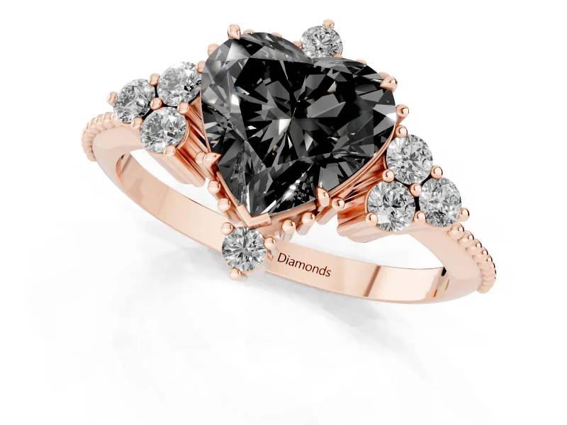 Heart-Shaped Vintage Cluster Engagement Ring Setting for a Black Center | Beaded Edges | Rose Gold
