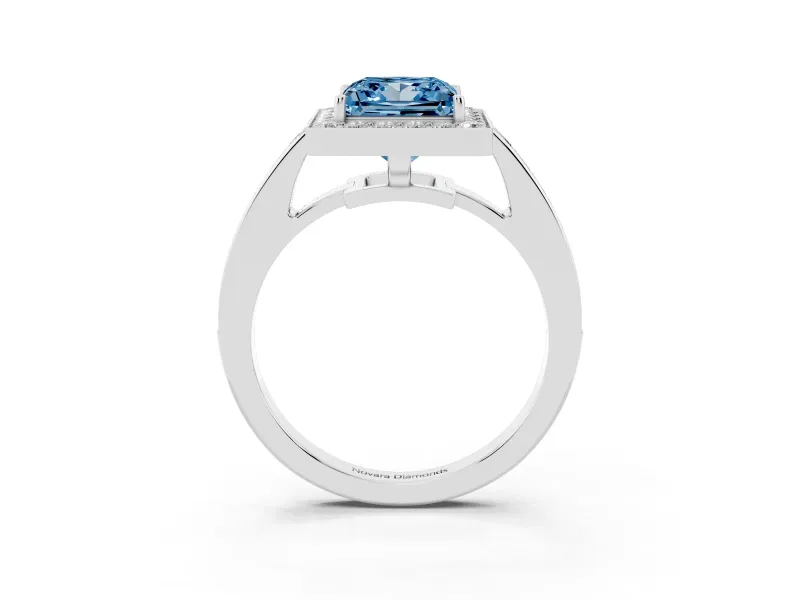Fancy Blue Princess Cut Diamond Halo Pavé Engagement Ring Set in White gold with Bezel Setting