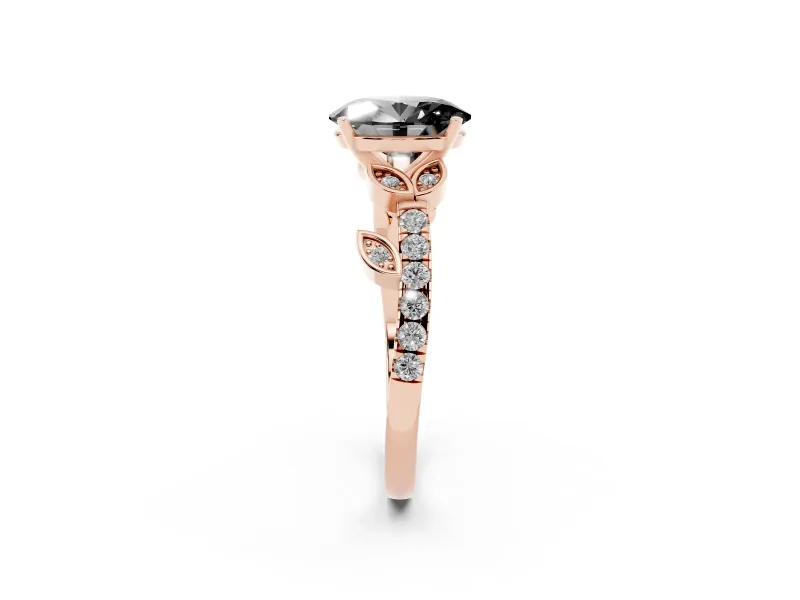 Fancy Black Oval Cut Diamond Solitaire Leaf-Inspired Ring Set in Rose gold with Pavé Band and Prong Setting