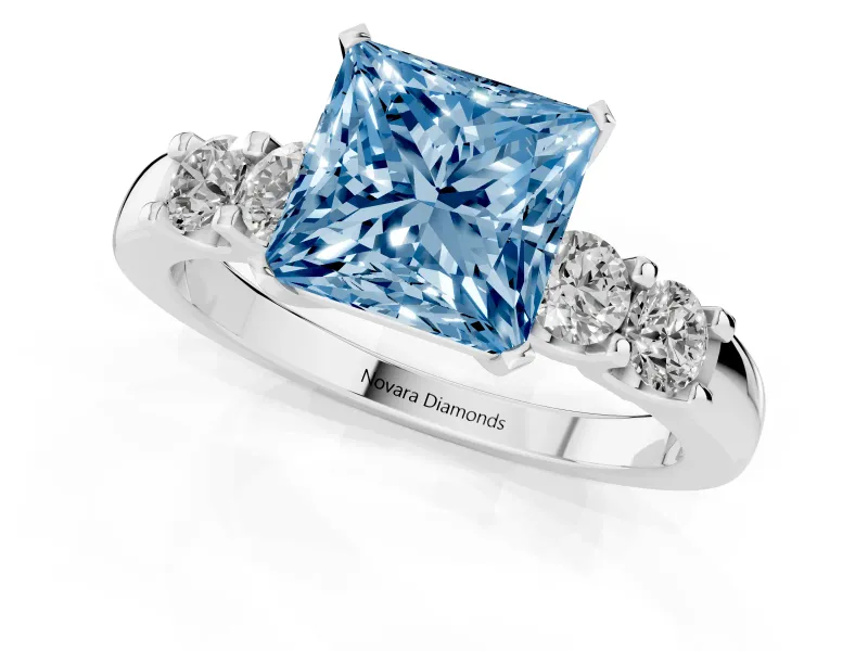 Fancy Blue Princess Cut Diamond Five-Stone Prong Set Engagement Ring Set in Silver with Channel Band