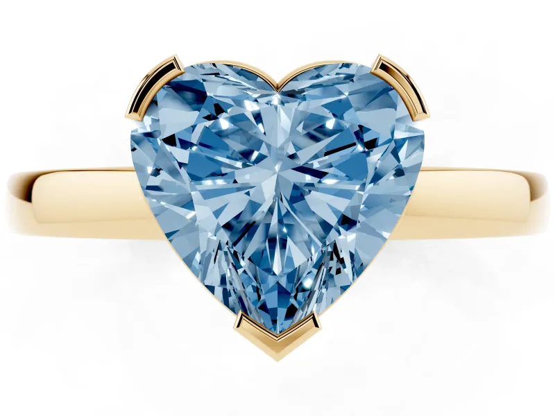Fancy Blue Heart Cut Diamond Solitaire Ring Set in Yellow gold with Prong Head and Smooth Polished Band