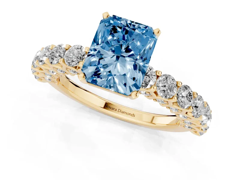 Radiant Cut Shared Prong Engagement Ring Setting for a Fancy Blue Lab-Grown Diamond | Yellow Gold