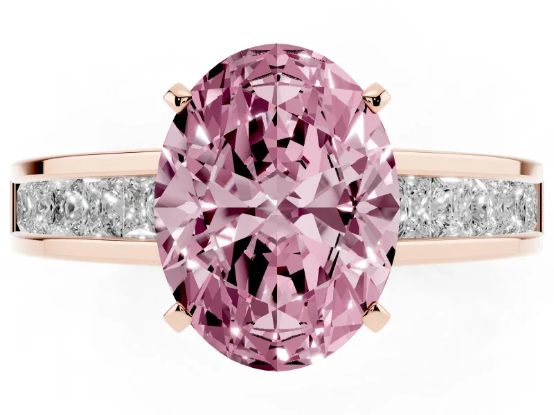 Fancy Pink Oval Cut Diamond Solitaire Ring Set in Rose gold with Channel-Set Band and Prong Setting