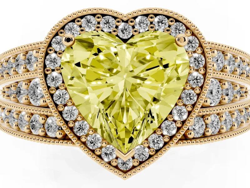 Fancy Yellow Heart Cut Diamond Halo Ring Set in Yellow gold with Accent Split Shank and Prong Setting