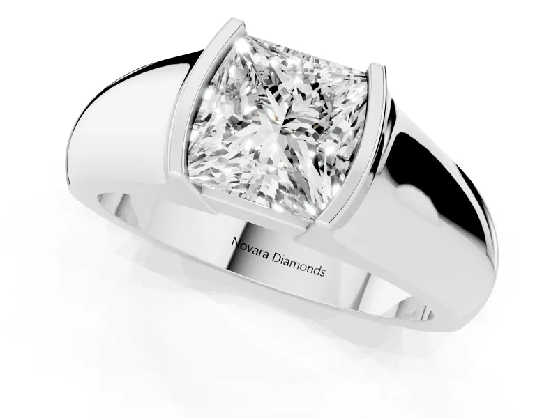 Princess Cut Half Bezel Solitaire Engagement Ring Setting | Wide Band | White Gold