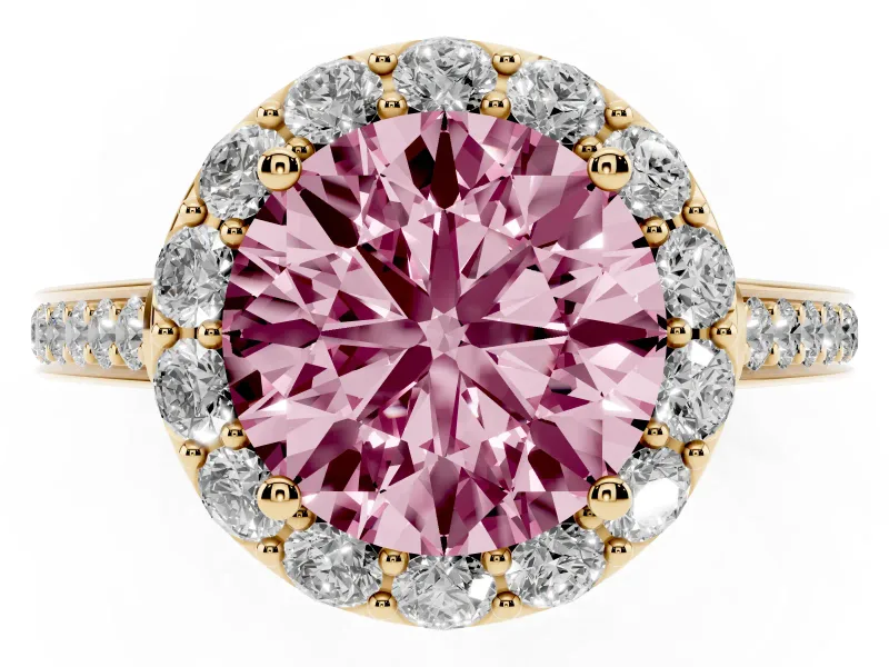 Fancy Pink Round Cut Diamond Floral Halo Ring Set in Yellow gold with Pavé Band and Prong Setting