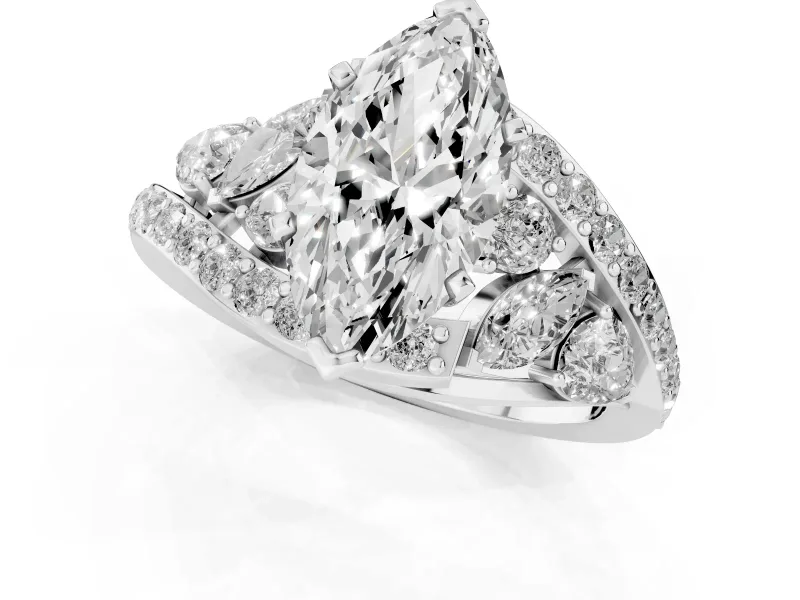 Marquise Cut Diamond Halo Ring Set in White gold with Marquise and Pavé Band in Prong Setting
