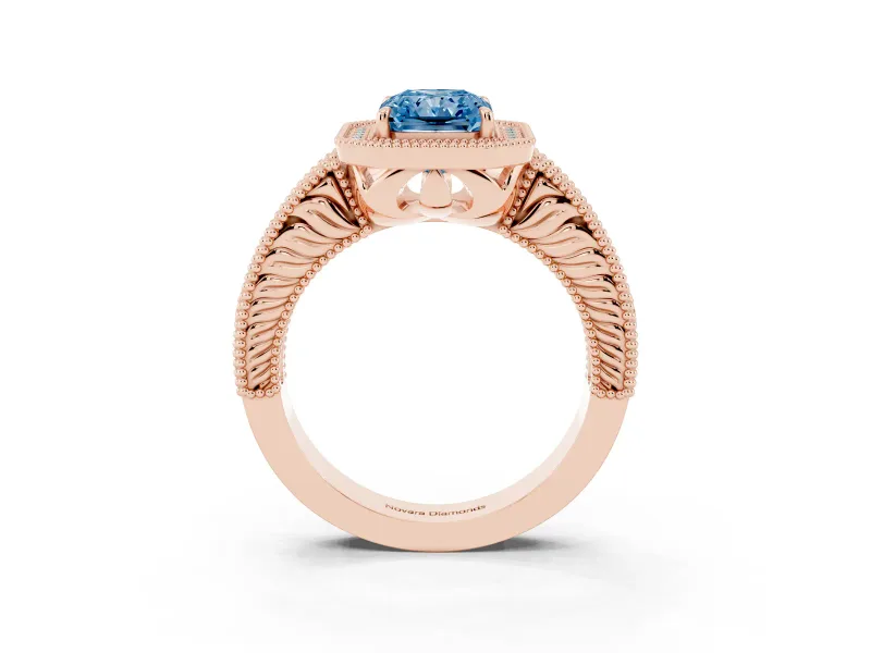Fancy Blue Radiant Cut Diamond Halo Ring Set in Rose gold with Round Accent Halo, Pavé Band and Prong Setting