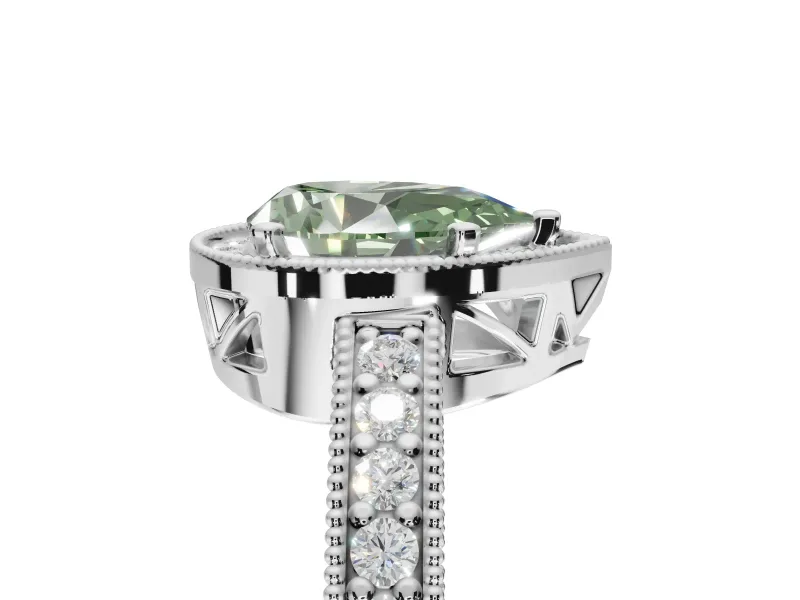 Pear-Shaped Milgrain Halo Engagement Ring Setting for a Fancy Green Lab-Grown Diamond | Wide Pavé Band | White Gold