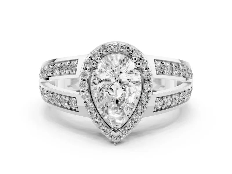 Pear Cut Diamond Halo Ring Set in Silver with Double Pavé Split Shank