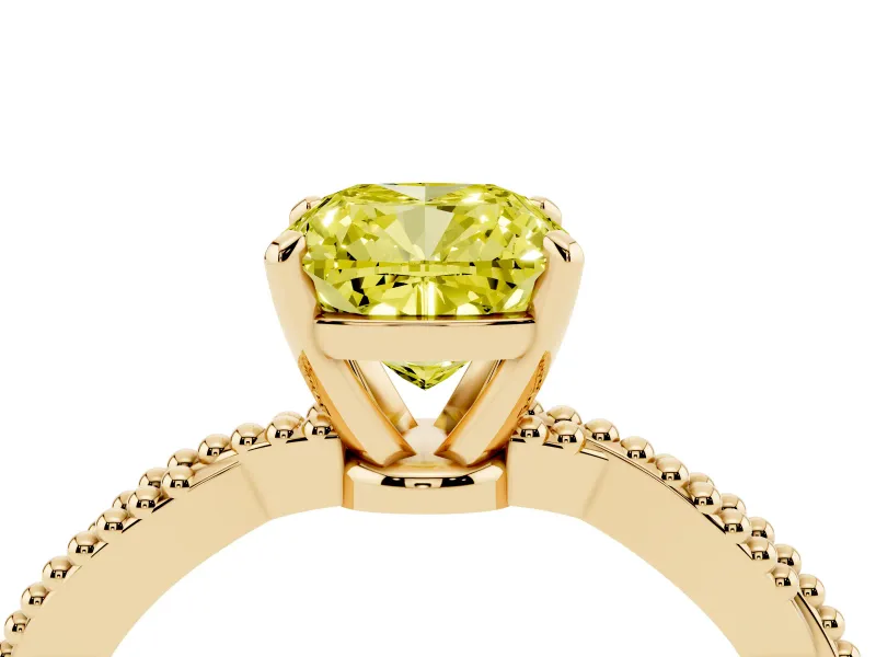 Fancy Yellow Cushion Cut Diamond Solitaire Ring Set in Yellow gold with Twisted Band and Bead Prong Setting