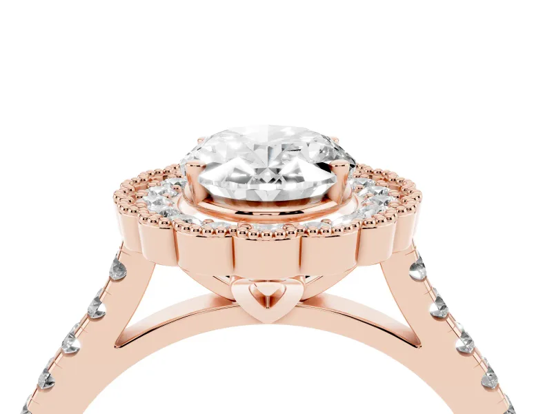 Oval Cut Diamond Milgrain Floral Halo Engagement Ring Set in Rose gold with Pavé Band