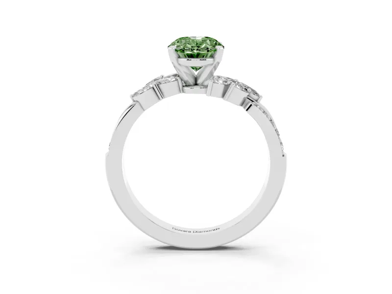 Fancy Green Oval Cut Diamond Solitaire Ring Set in White gold with Marquise Twist Band and Prong Setting