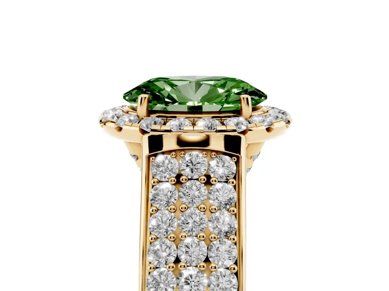 Fancy Green Oval Cut Diamond Halo Ring Set in Yellow gold with Pavé Band and Raised Center Setting