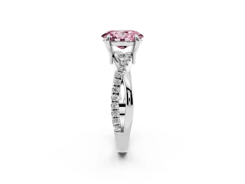 Fancy Pink Oval Cut Diamond Twist Band Solitaire Set in White gold with Pavé Accents and Prong Setting