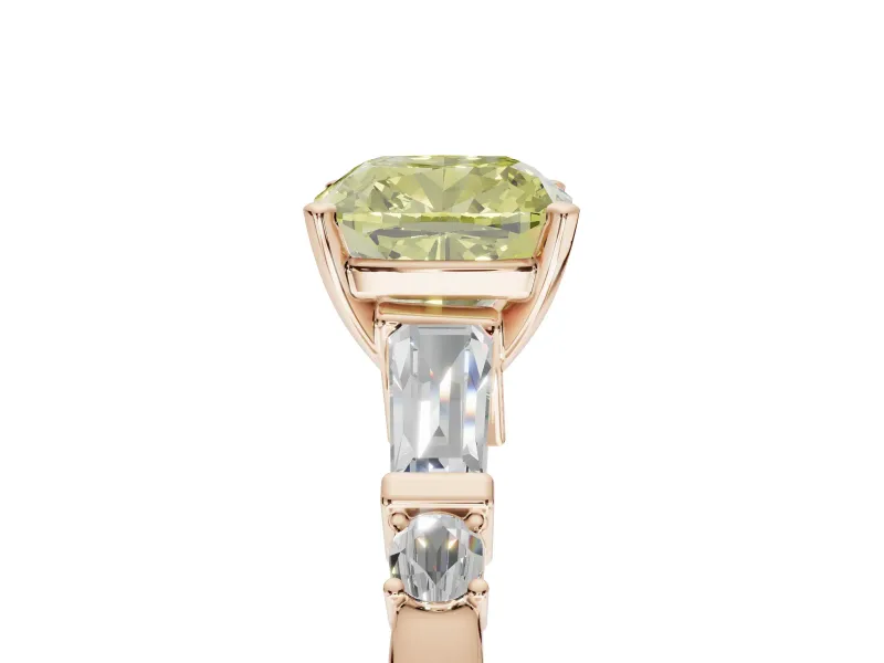 Cushion Cut Tapered Baguette Engagement Ring Setting for a Fancy Yellow Lab-Grown Diamond | Bar Set Sides | Rose Gold