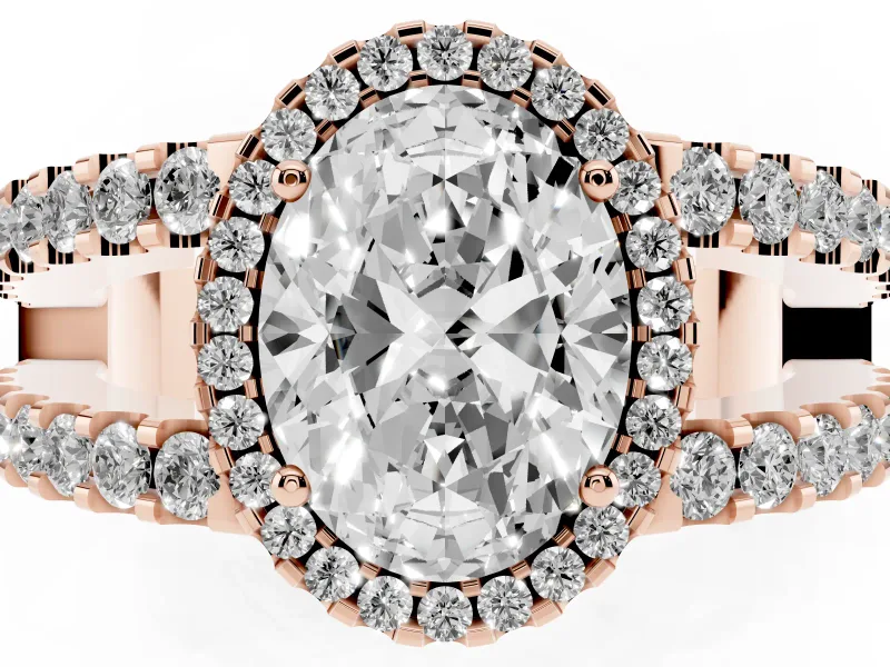 Oval Cut Diamond Halo Ring Set in Rose gold with Pavé Split Shank and Prong Setting