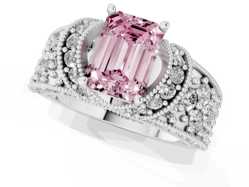Emerald Cut Vintage Pave Engagement Ring Setting for a Fancy Pink Lab-Grown Diamond | Milgrain Edges | Sterling Silver