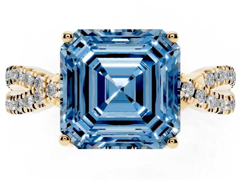 Asscher Cut Twisted Pave Engagement Ring Setting for a Fancy Blue Lab-Grown Diamond | Split Shank | Yellow Gold