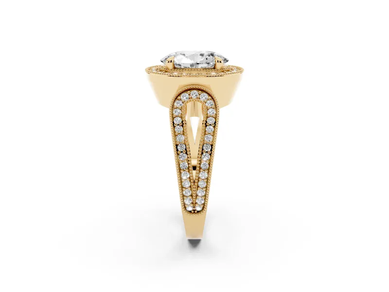 Oval Vintage Milgrain Halo Engagement Ring Setting | Open Loop Pave Shoulders | Yellow Gold