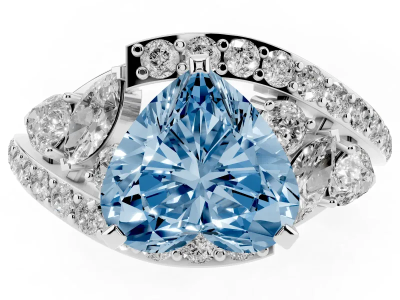 Fancy Blue Heart Cut Diamond Halo Ring Set in Silver with Marquise and Pavé Band in Prong Setting